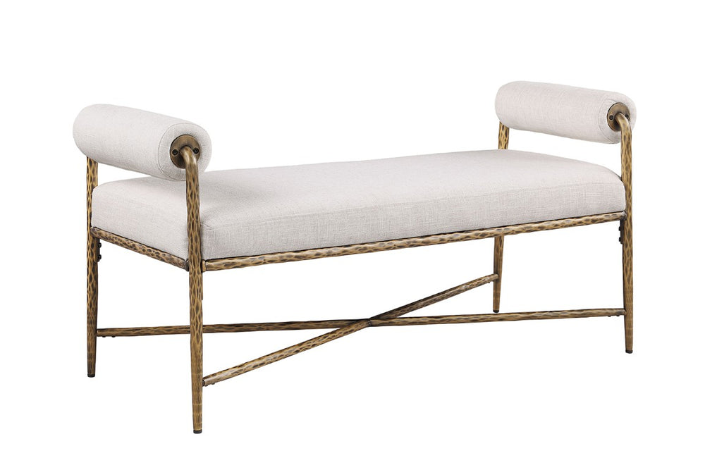 English Elm 1Pc Upholstered Bench Hammered Matte Gold Steel Frame Padded Arms Bedroom Glam Accent B2741P615473