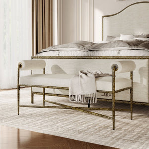 English Elm 1Pc Upholstered Bench Hammered Matte Gold Steel Frame Padded Arms Bedroom Glam Accent B2741P615473