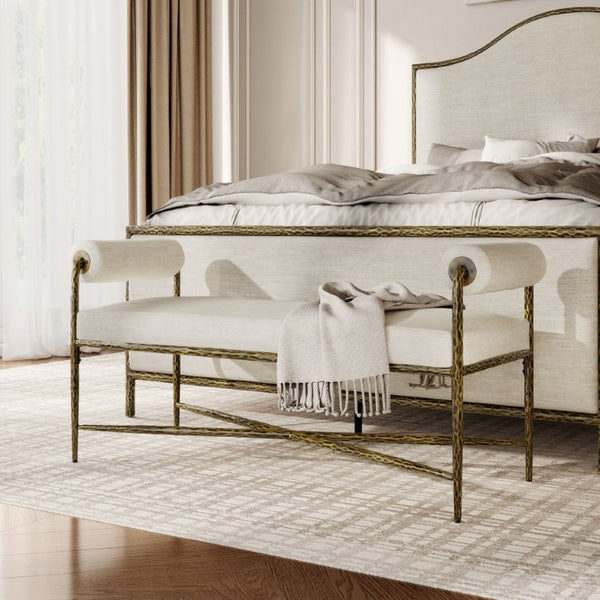English Elm 1Pc Upholstered Bench Hammered Matte Gold Steel Frame Padded Arms Bedroom Glam Accent B2741P615473