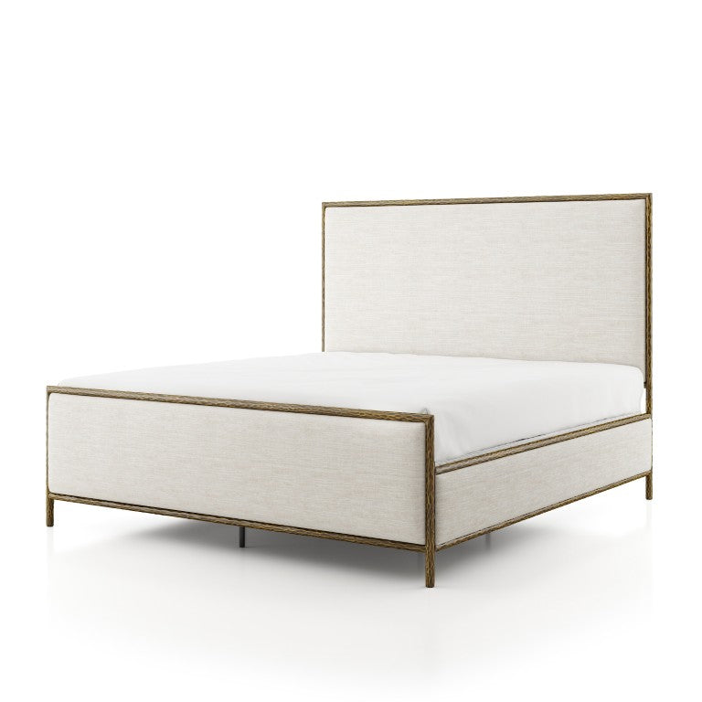 English Elm Forged Steel Queen Bed Upholstered Headboard Footboard Industrial Contemporary Frame Gold B2741P615478