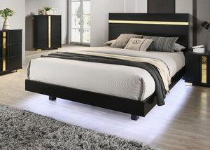 English Elm Black Twin Platform Bed with LED Underbed Lighting and Gold Acrylic Headboard Trim B2741S00178