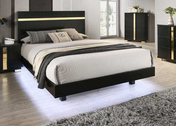 English Elm Black Twin Platform Bed with LED Underbed Lighting and Gold Acrylic Headboard Trim B2741S00178