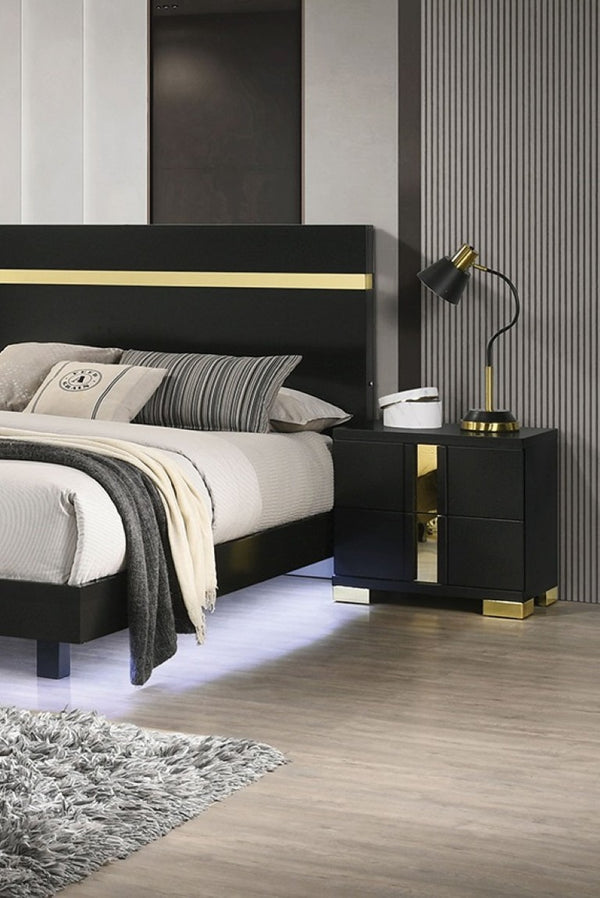 English Elm Modern Twin Platform Bedroom Set with LED Lighting Acrylic Trim and Two Nightstands B2741S00186