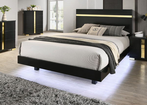 English Elm Modern Twin Platform Bedroom Set with LED Lighting Acrylic Trim and Two Nightstands B2741S00186