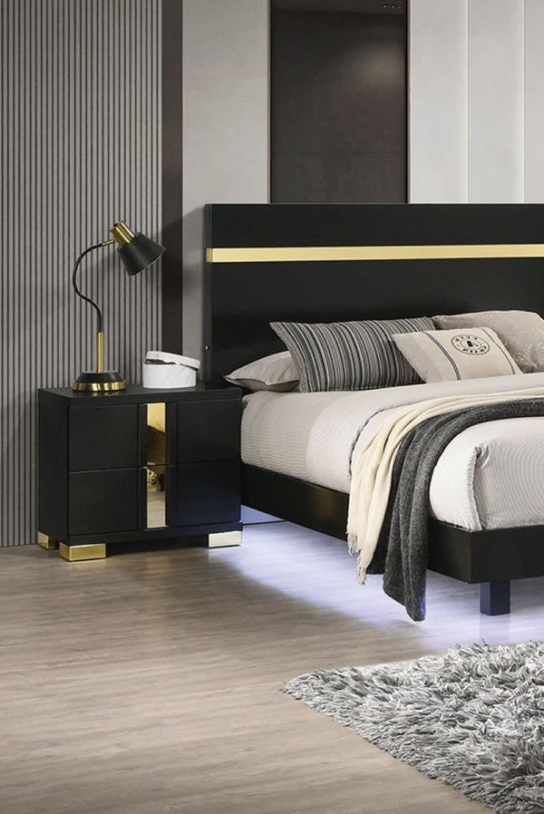 English Elm Modern Twin Platform Bedroom Set with LED Lighting Acrylic Trim and Two Nightstands B2741S00186