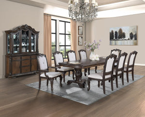 English Elm Formal Solid Wood Nine Piece Dining Set with Carved Pedestal Table and Upholstered Chairs B2741S00514