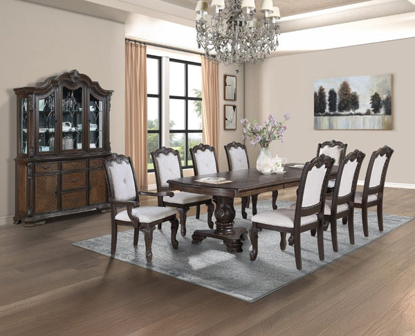 English Elm Formal Solid Wood Nine Piece Dining Set with Carved Pedestal Table and Upholstered Chairs B2741S00514