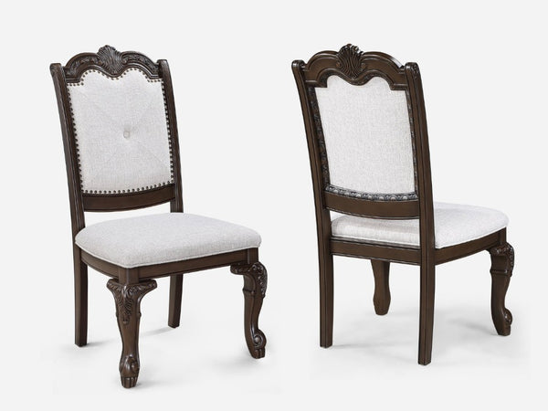 English Elm Formal Solid Wood Nine Piece Dining Set with Carved Pedestal Table and Upholstered Chairs B2741S00514
