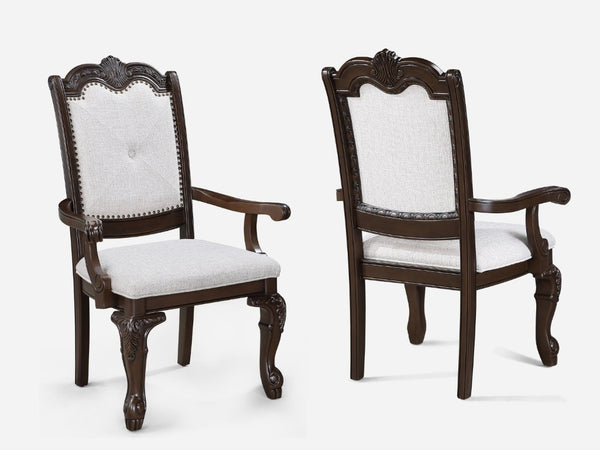English Elm Formal Solid Wood Nine Piece Dining Set with Carved Pedestal Table and Upholstered Chairs B2741S00514
