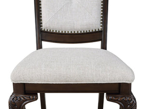 English Elm Formal Solid Wood Nine Piece Dining Set with Carved Pedestal Table and Upholstered Chairs B2741S00514