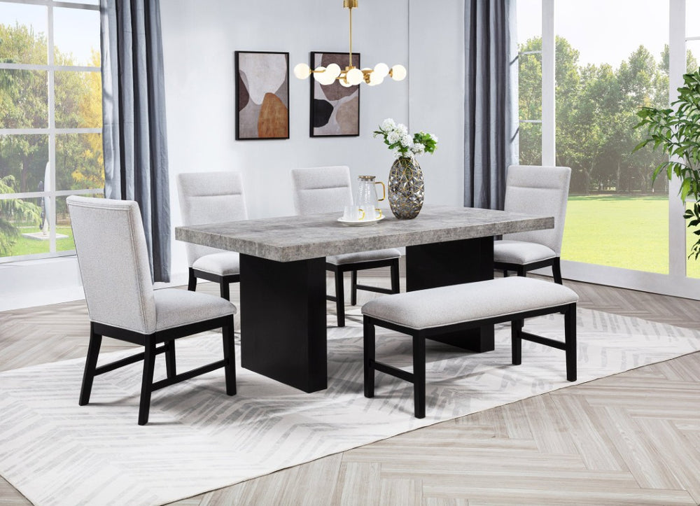 English Elm 6Pc Transitional Dining Set Weathered Gray Table Upholstered Chairs and Bench for Six B2741S00524