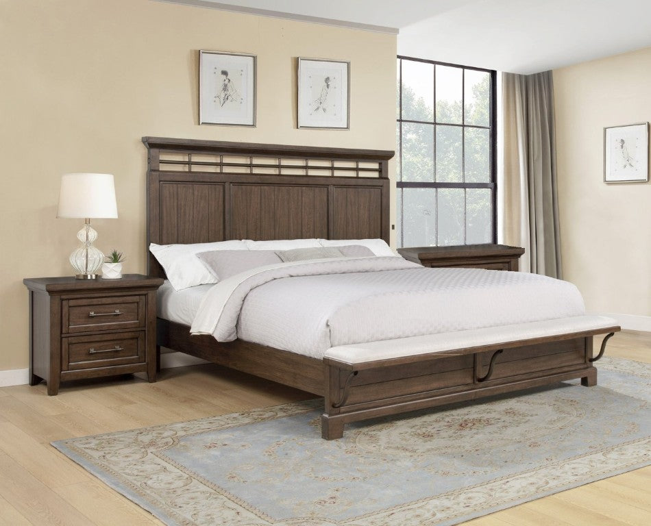 English Elm 3Pc Queen Bedroom Set Solid Wood Panel Bed with Footboard Bench and Two Nightstands B2741S00953