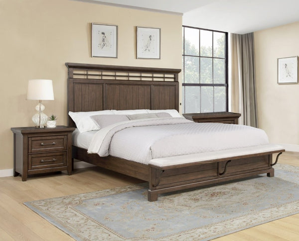 English Elm 3Pc Queen Bedroom Set Solid Wood Panel Bed with Footboard Bench and Two Nightstands B2741S00953
