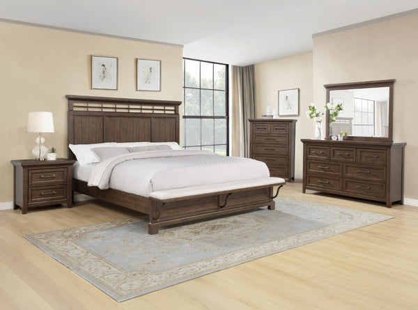 English Elm 3Pc Queen Bedroom Set Solid Wood Panel Bed with Footboard Bench and Two Nightstands B2741S00953