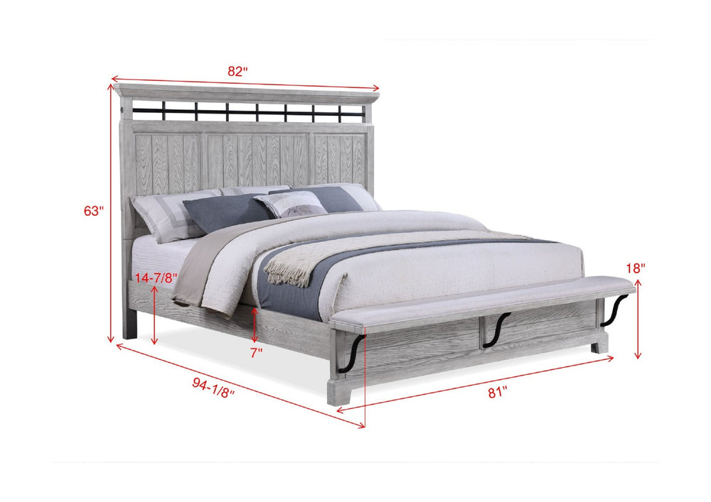 English Elm 3pc Rustic King Panel Bed Set with Footboard Bench and Matching Solid Wood Nightstands B2741S00956