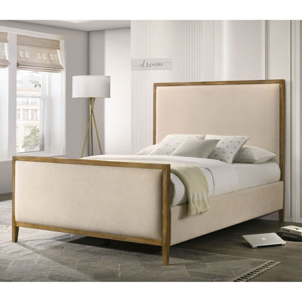 English Elm Natural Oak Trim Queen Panel Bed Beige Upholstered Headboard for Modern Bedroom B2741S00957