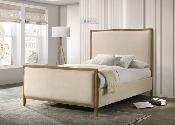 English Elm Natural Oak Trim King Panel Bed Beige Upholstered Headboard with Slat Support B2741S00958