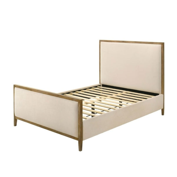 English Elm Natural Oak Trim King Panel Bed Beige Upholstered Headboard with Slat Support B2741S00958