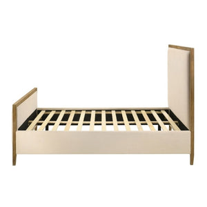English Elm Natural Oak Trim King Panel Bed Beige Upholstered Headboard with Slat Support B2741S00958