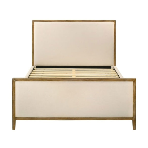 English Elm Natural Oak Trim King Panel Bed Beige Upholstered Headboard with Slat Support B2741S00958