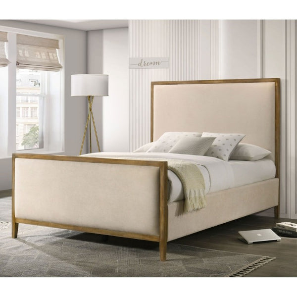 English Elm Natural Oak Trim King Panel Bed Beige Upholstered Headboard with Slat Support B2741S00958