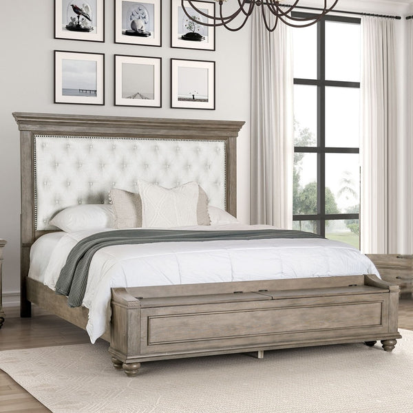 English Elm Transitional Queen Bed Aged Oak Frame Tufted Fabric Headboard with Footboard Storage B2741S00959