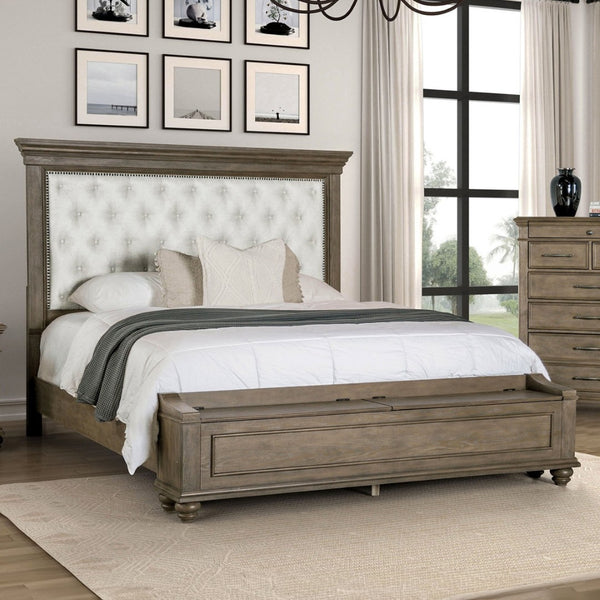 English Elm Transitional Queen Bed Aged Oak Frame Tufted Fabric Headboard with Footboard Storage B2741S00959