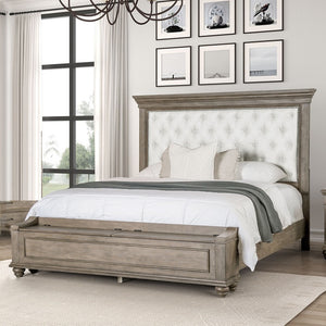 English Elm Transitional Queen Bed Aged Oak Frame Tufted Fabric Headboard with Footboard Storage B2741S00959