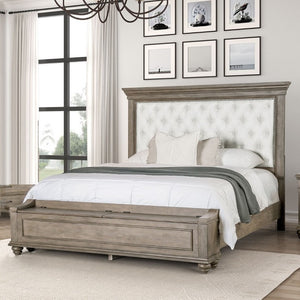 English Elm Traditional King Bed Aged Oak Frame Tufted Fabric Headboard with Footboard Storage B2741S00960