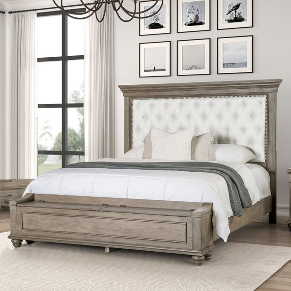 English Elm Traditional King Bed Aged Oak Frame Tufted Fabric Headboard with Footboard Storage B2741S00960
