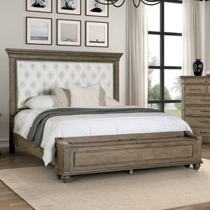English Elm Traditional King Bed Aged Oak Frame Tufted Fabric Headboard with Footboard Storage B2741S00960