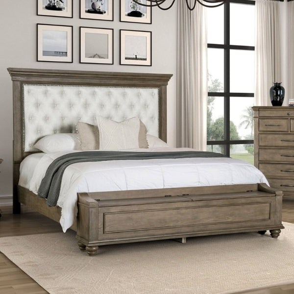 English Elm Traditional King Bed Aged Oak Frame Tufted Fabric Headboard with Footboard Storage B2741S00960