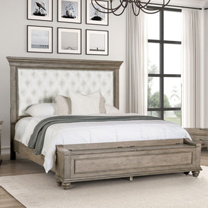 English Elm Traditional King Bed Aged Oak Frame Tufted Fabric Headboard with Footboard Storage B2741S00960