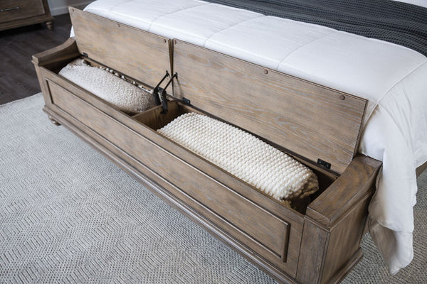 English Elm Traditional King Bed Aged Oak Frame Tufted Fabric Headboard with Footboard Storage B2741S00960