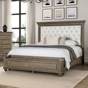 English Elm Traditional King Bed Aged Oak Frame Tufted Fabric Headboard with Footboard Storage B2741S00960