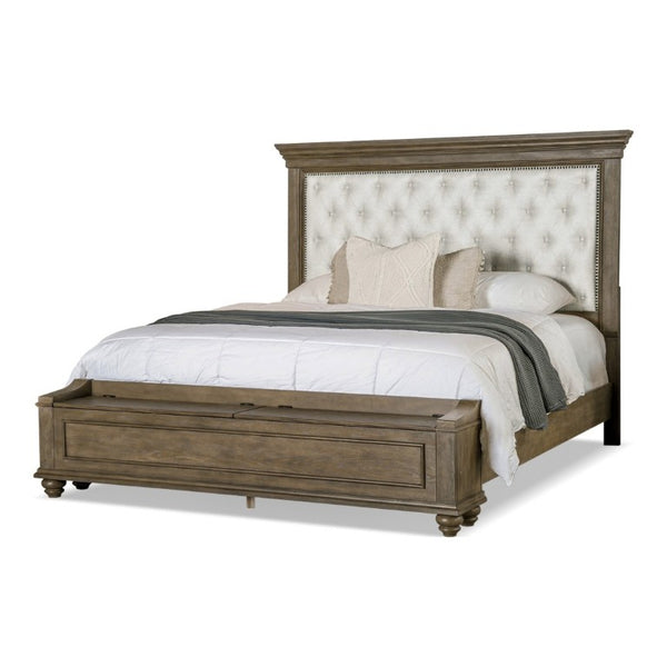 English Elm Traditional King Bed Aged Oak Frame Tufted Fabric Headboard with Footboard Storage B2741S00960