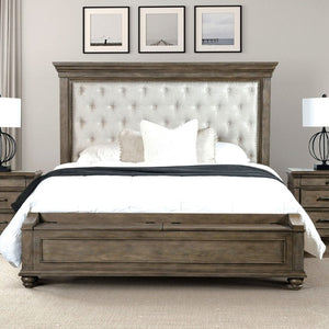 English Elm Traditional King Bed Aged Oak Frame Tufted Fabric Headboard with Footboard Storage B2741S00960