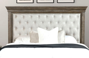 English Elm Traditional King Bed Aged Oak Frame Tufted Fabric Headboard with Footboard Storage B2741S00960