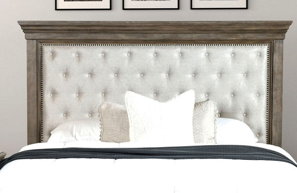 English Elm Traditional King Bed Aged Oak Frame Tufted Fabric Headboard with Footboard Storage B2741S00960