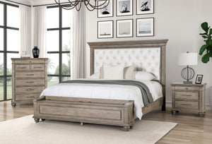 English Elm Formal Queen Bedroom 3Pc Set Tufted Headboard Storage Bench Aged Oak Transitional B2741S00964