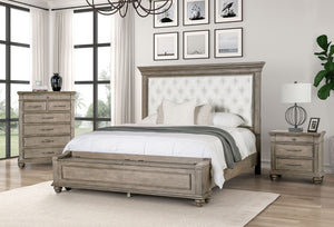 English Elm Formal Bedroom 3 Piece Eastern King Set Tufted Headboard Aged Oak Storage Bench B2741S00965