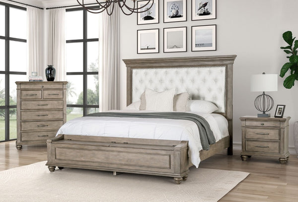 English Elm Formal Bedroom 3 Piece Eastern King Set Tufted Headboard Aged Oak Storage Bench B2741S00965