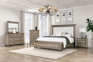 English Elm Formal Bedroom 3 Piece Eastern King Set Tufted Headboard Aged Oak Storage Bench B2741S00965