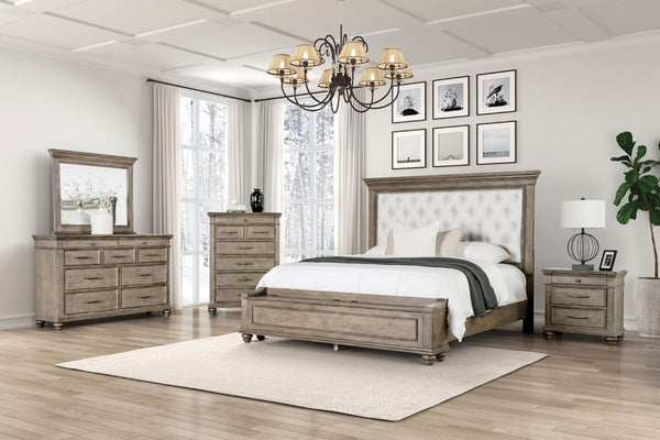 English Elm Formal Bedroom 3 Piece Eastern King Set Tufted Headboard Aged Oak Storage Bench B2741S00965