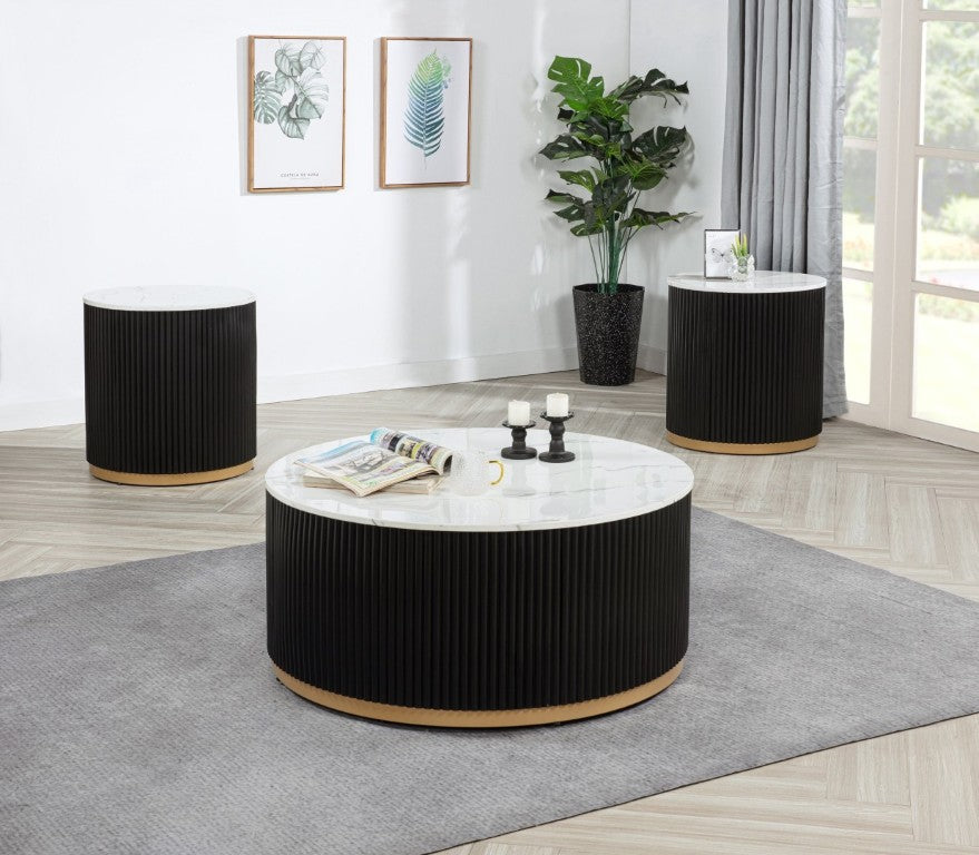 English Elm Modern 3 Piece Cocktail Group with Marble Top Reeded Column and Gold Base Accents B2741S00968