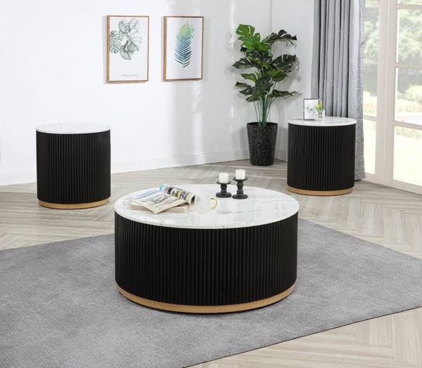English Elm Modern 3 Piece Cocktail Group with Marble Top Reeded Column and Gold Base Accents B2741S00968