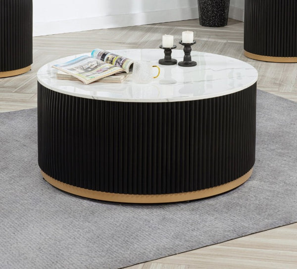 English Elm Modern 3 Piece Cocktail Group with Marble Top Reeded Column and Gold Base Accents B2741S00968