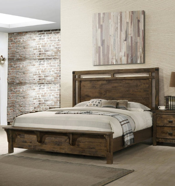 English Elm 1Pc Weathered Brown Solid Wood Queen Panel Bed with Built-In Bench Footboard Lodge Style B2741S00971