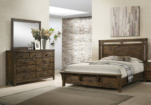 English Elm 1Pc Weathered Brown Solid Wood Queen Panel Bed with Built-In Bench Footboard Lodge Style B2741S00971