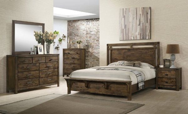 English Elm 1Pc Weathered Brown Solid Wood Queen Panel Bed with Built-In Bench Footboard Lodge Style B2741S00971